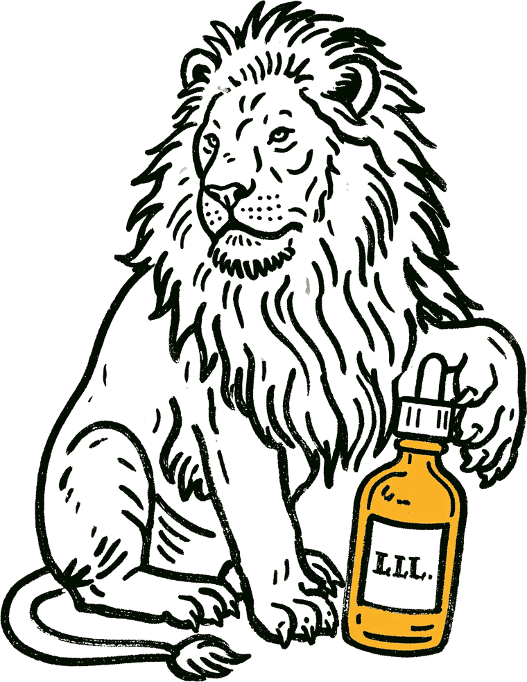 Leão da Selva Brasil segurando um frasco de óleo âmbar